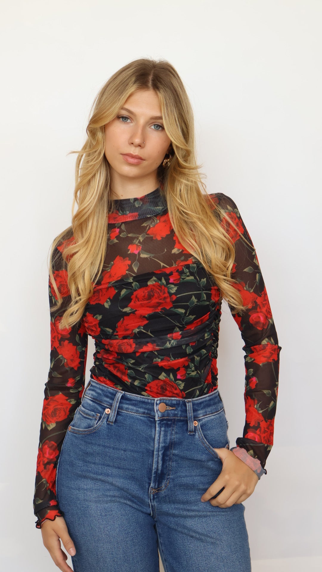 Rose Print Mock Neck Bodysuit