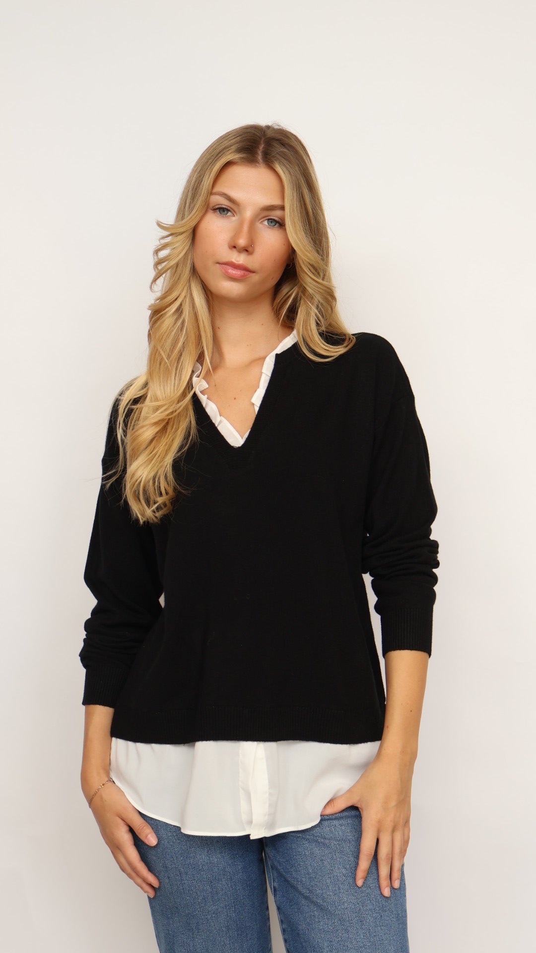 Pinch Ruffle V-Neck Twofer Sweater