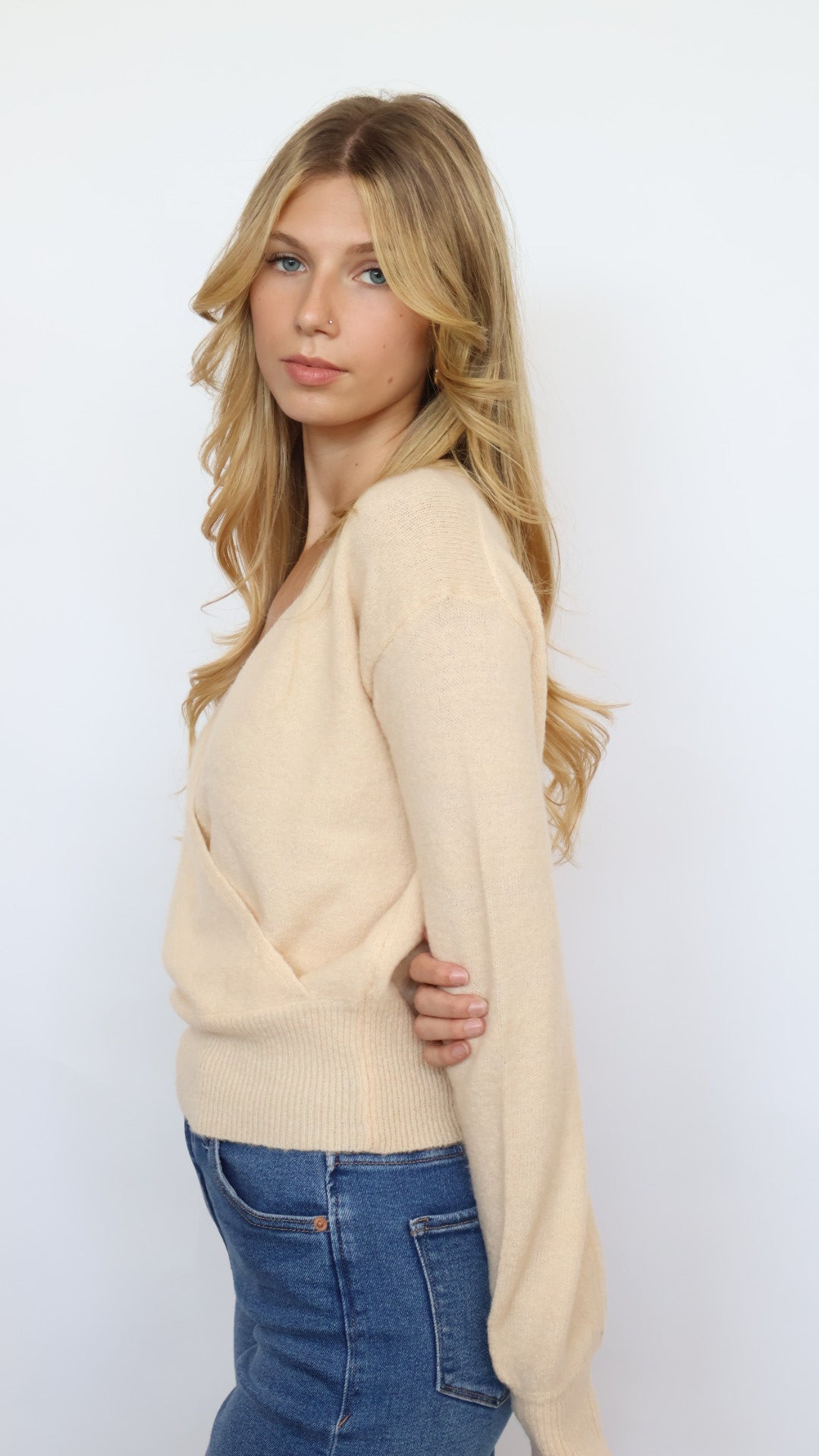 Cross Front Banded V-Neck Sweater