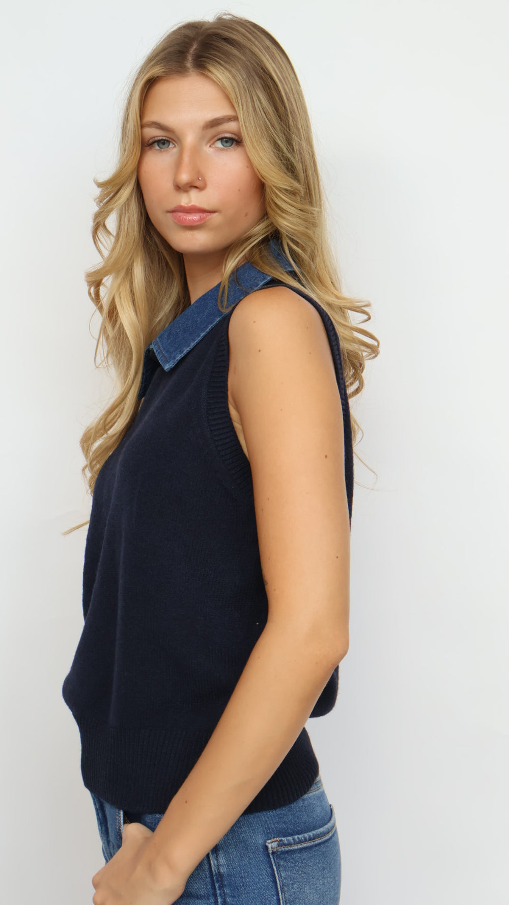 Steve Madden Jeane Sweater Vest With Denim Collar