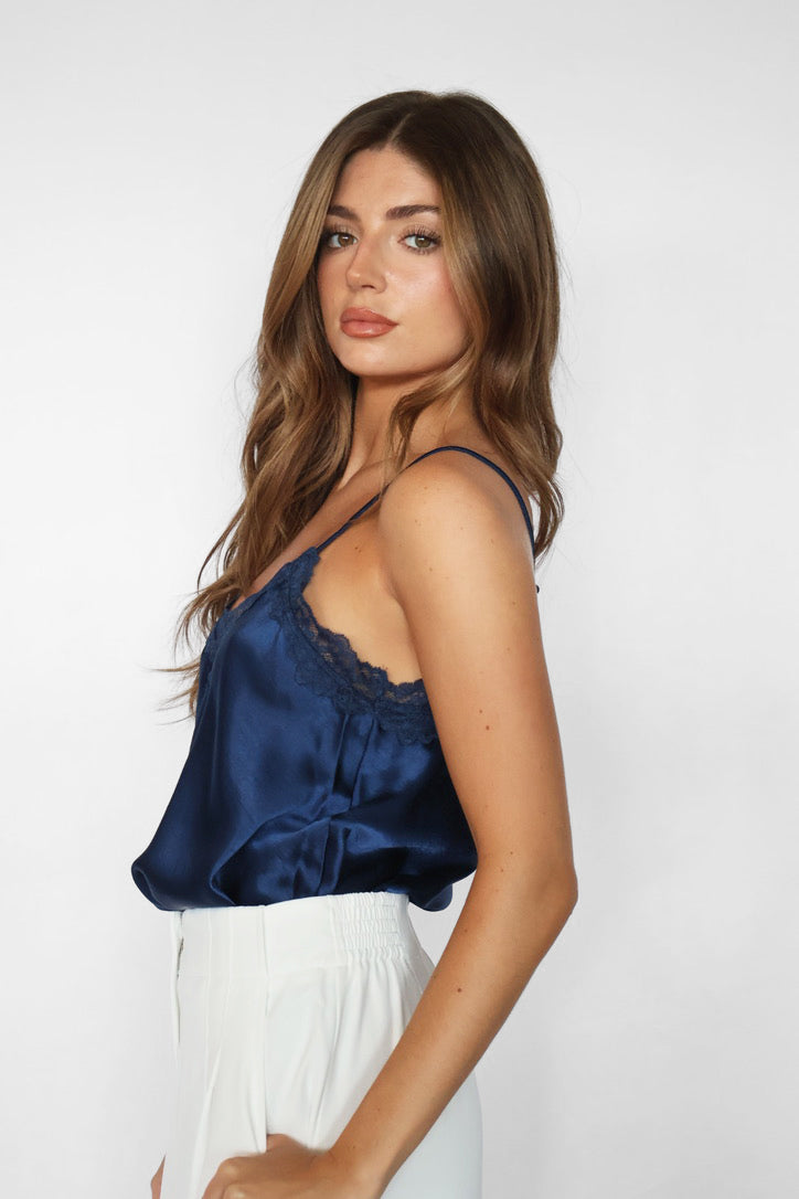 Satin V-Neck Lace Trim Cami