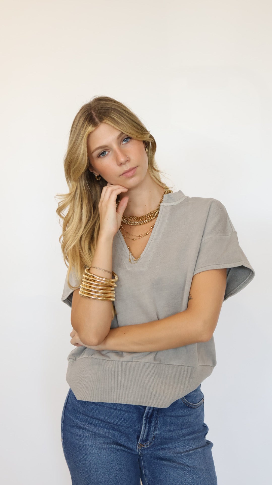 Elan Cap Sleeve V Neck Sweatshirt