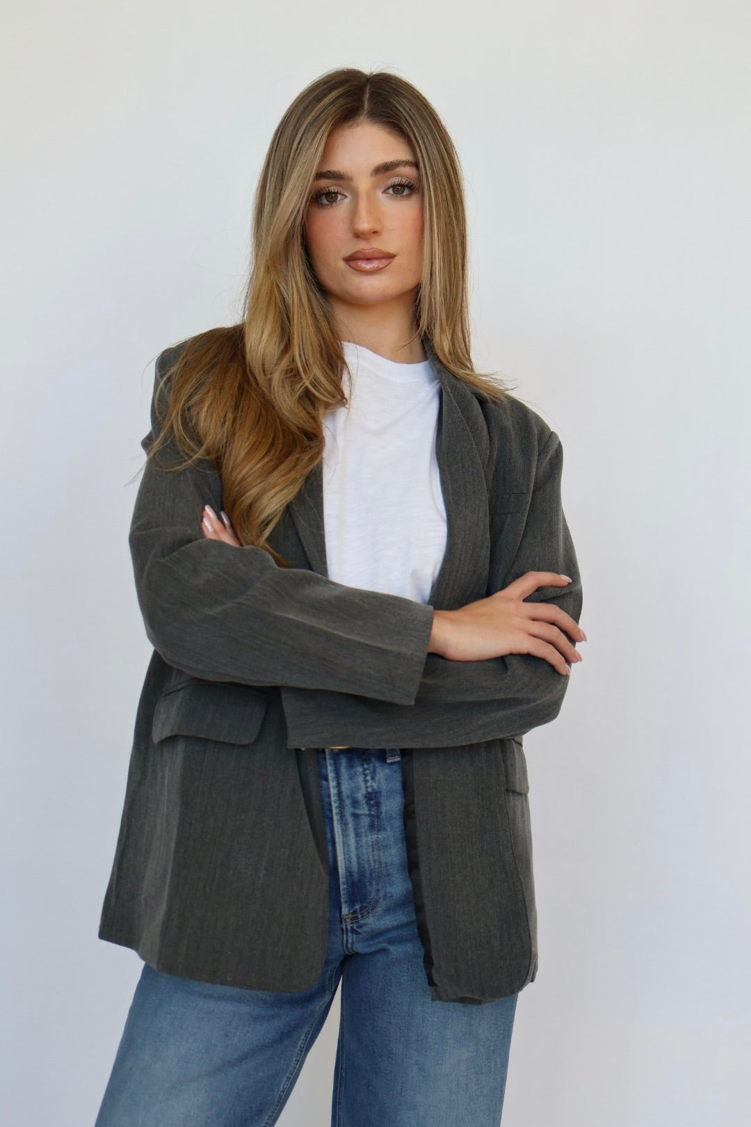 Oversized Button Front Blazer with Front Pockets