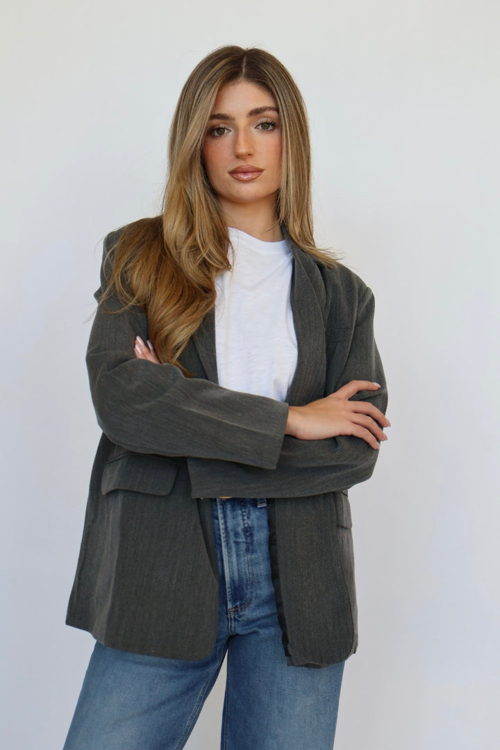 Oversized Button Front Blazer with Front Pockets