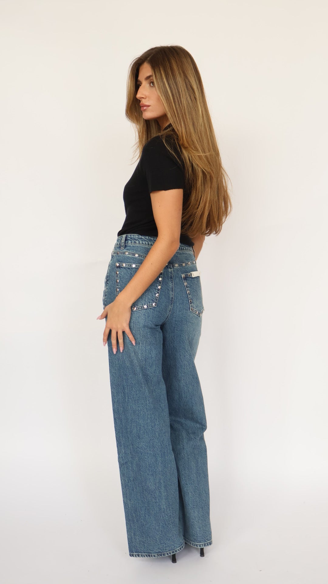 Habitual Gemma Studded High Waist Wide Leg Jeans