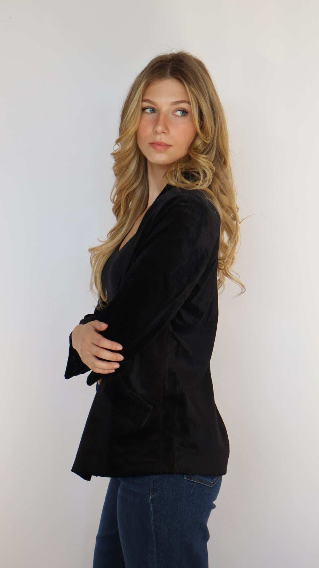 Ruched Sleeve Velvet Blazer