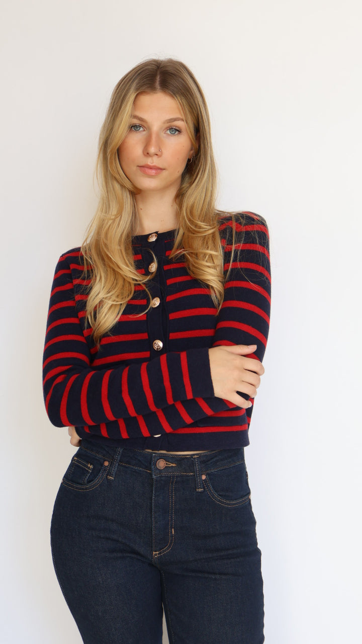 Red & Navy Striped Crewneck Cardigan