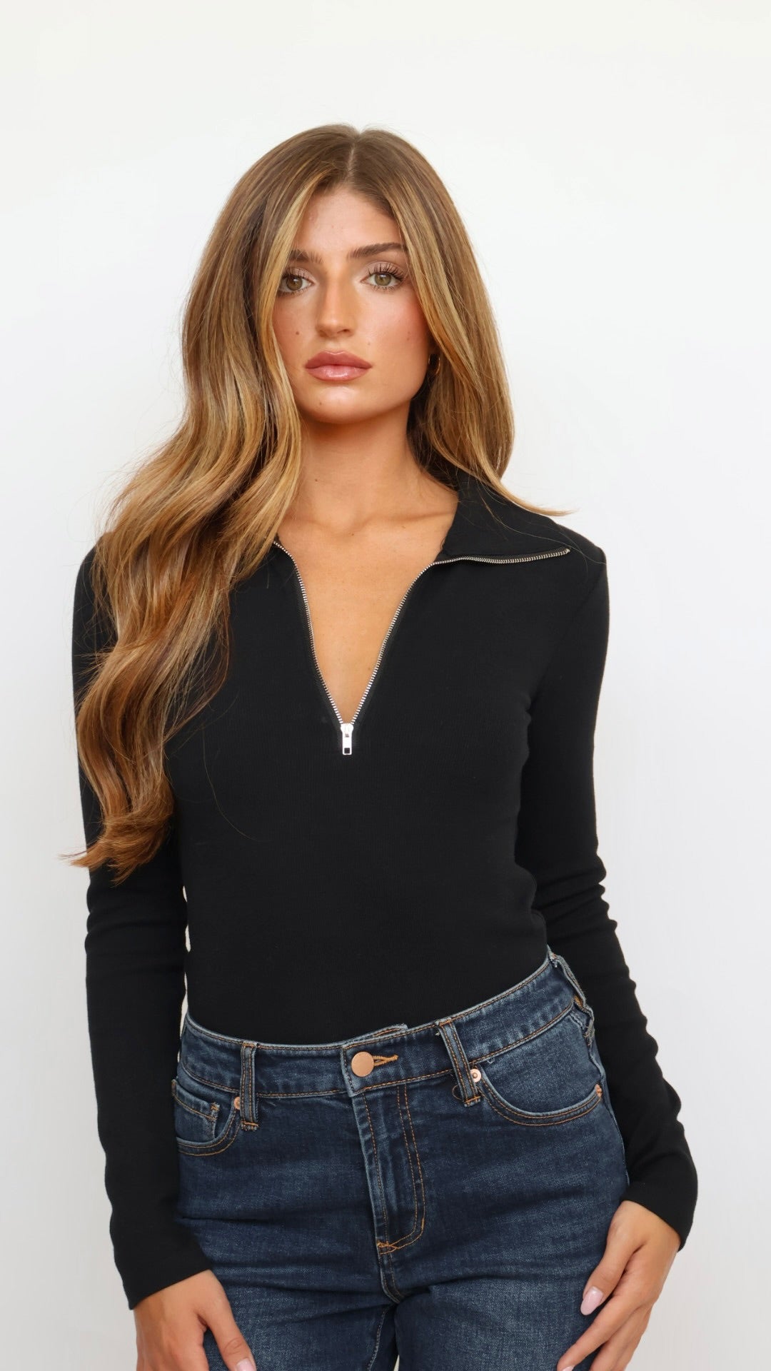 Loren Ribbed Cotton Zip Long Sleeve Top