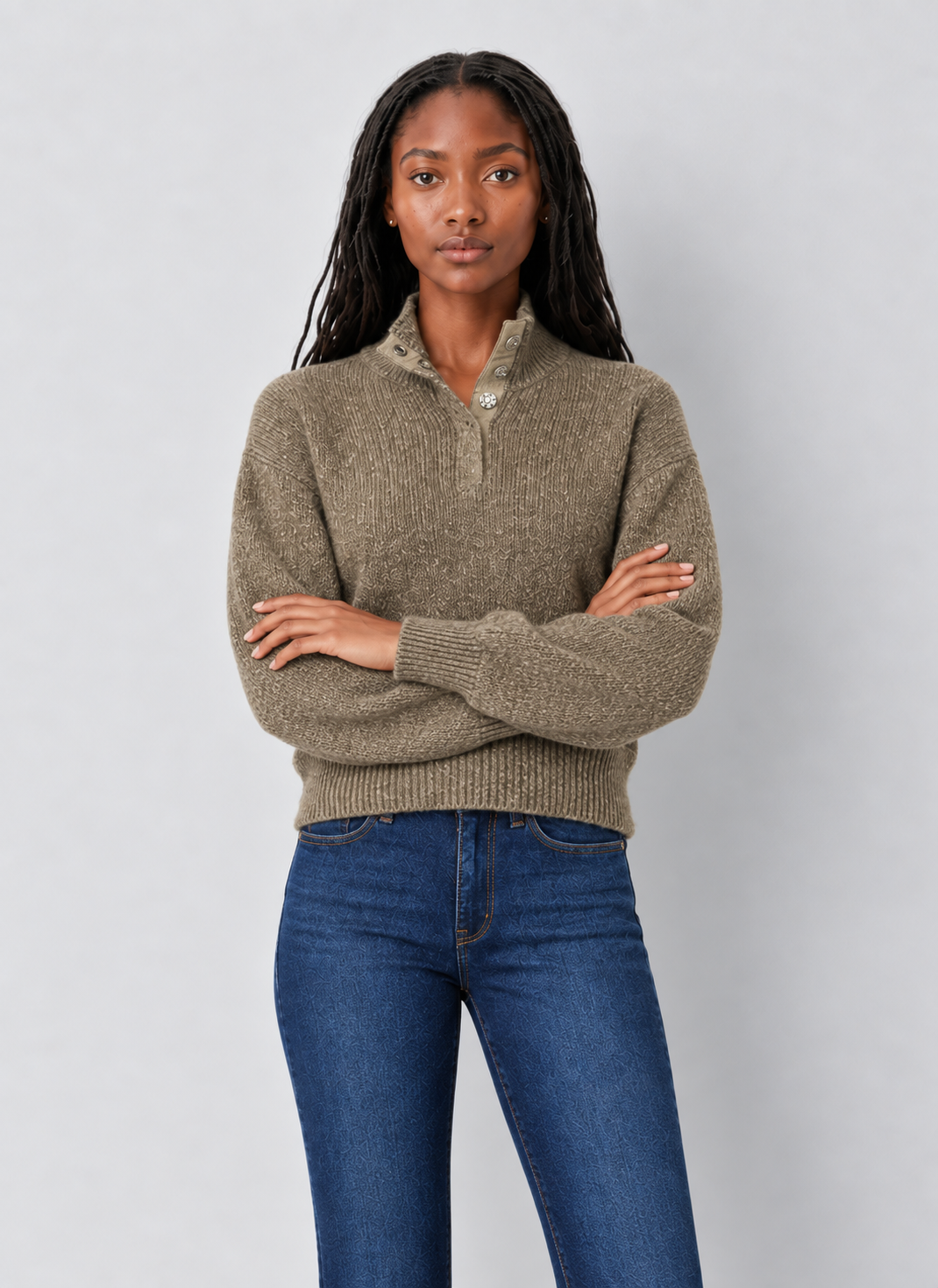 525 Boxy Snap Front Henley Sweater