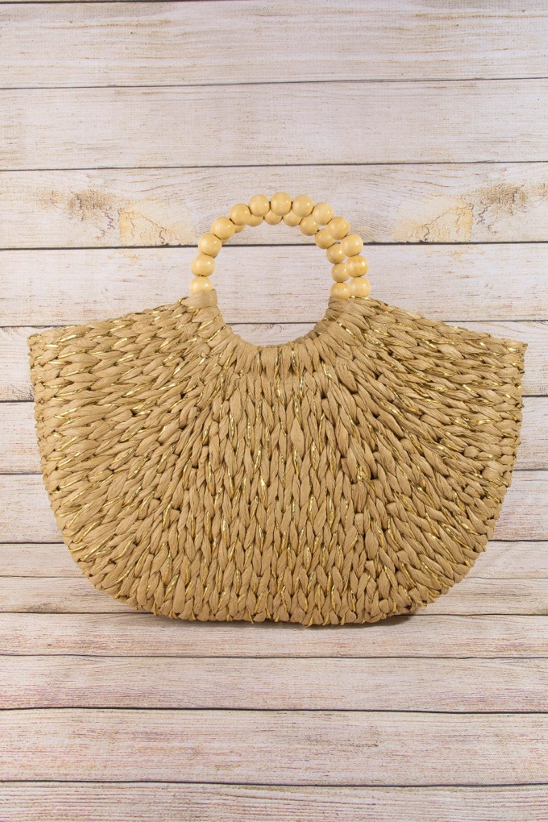 Straw Braided Round Handle Tote Bag - Khaki