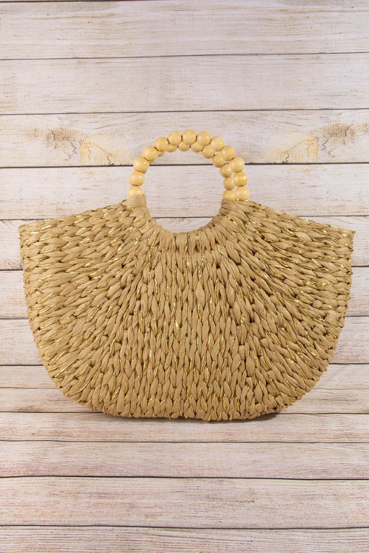 Straw Braided Round Handle Tote Bag - Khaki