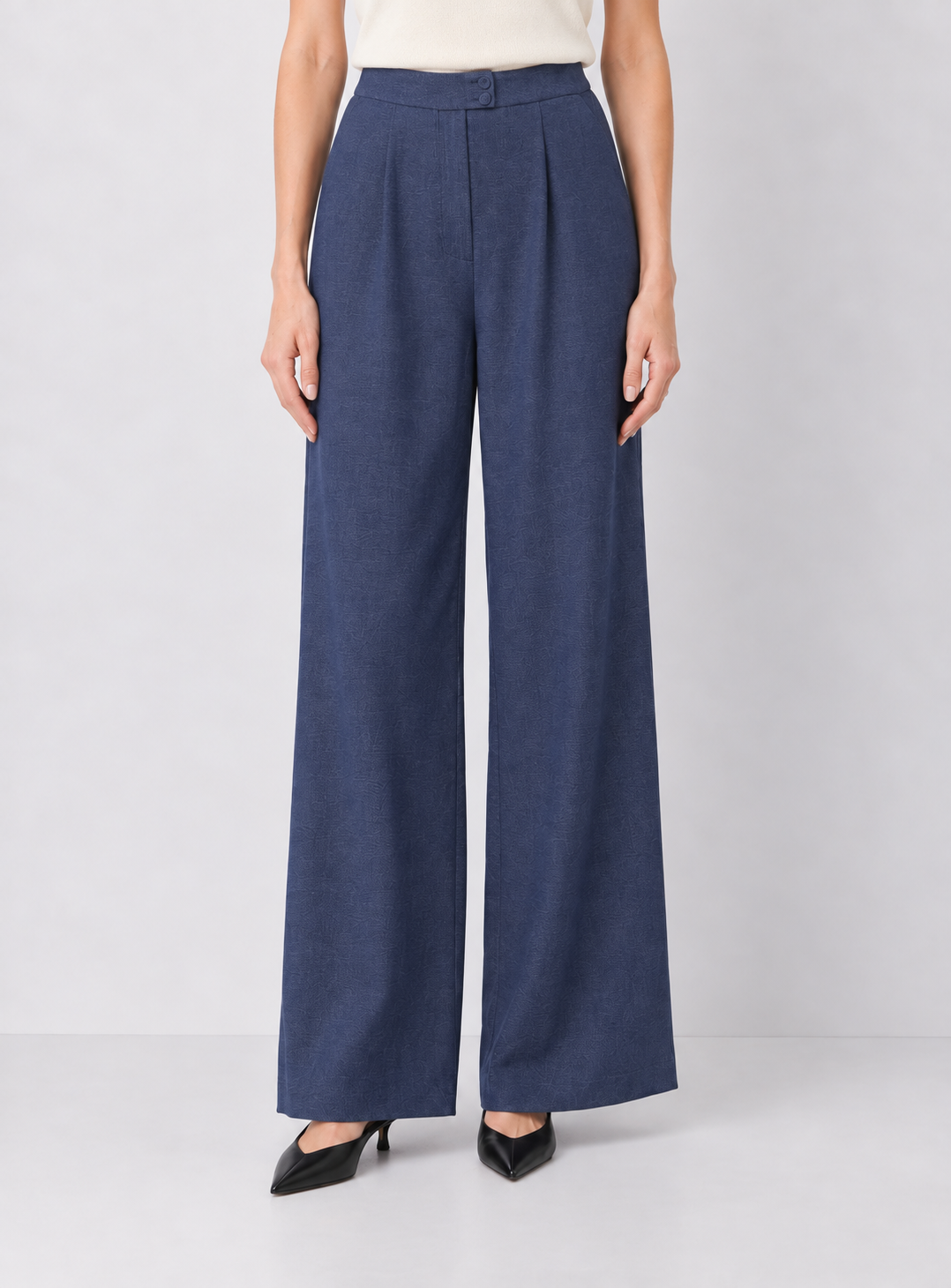 Denim Pleated Wide-Leg Trousers