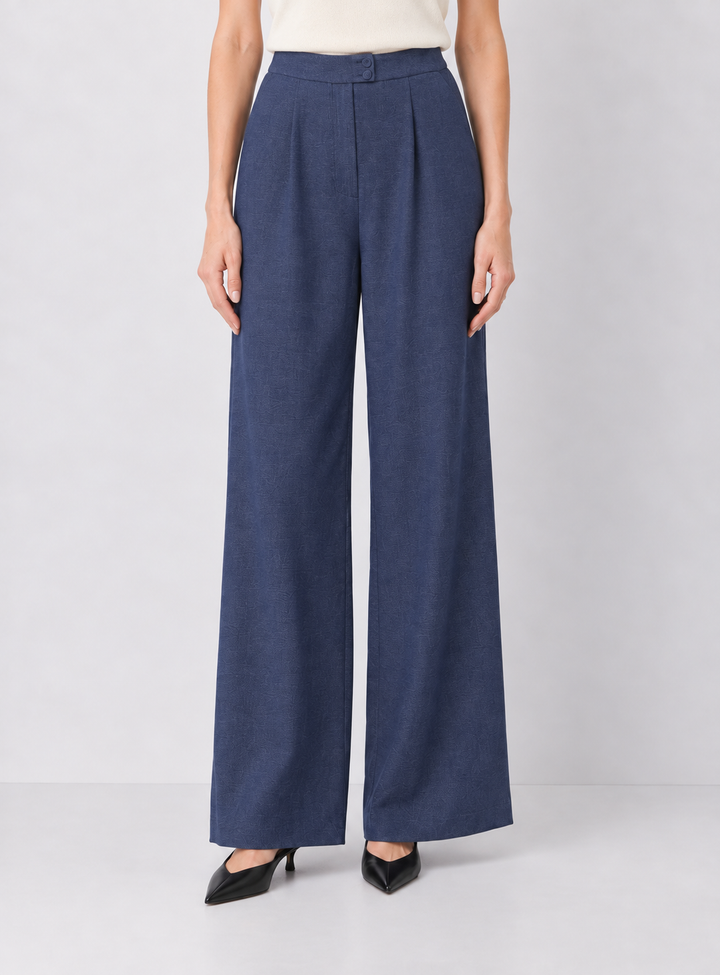 Denim Pleated Wide-Leg Trousers