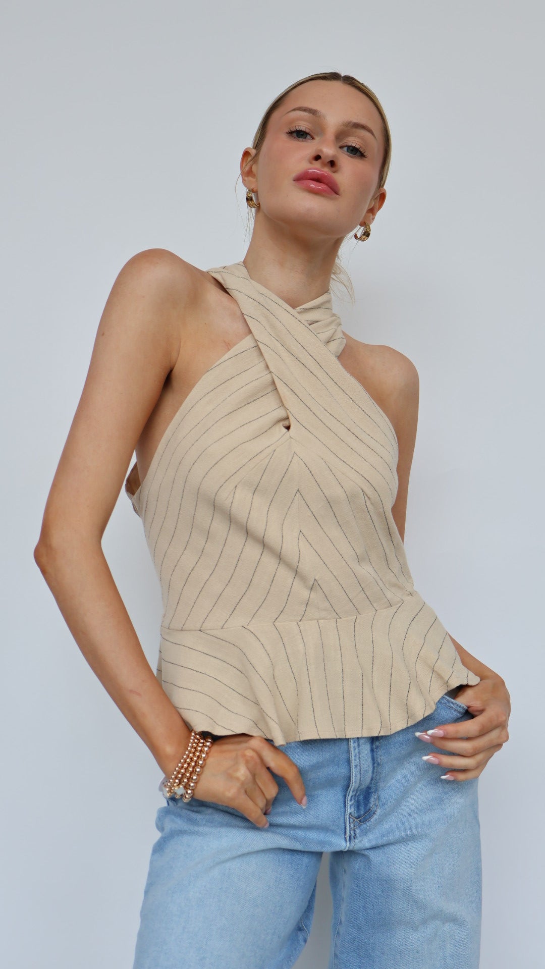 Pin Stripe Peplum Halter Top