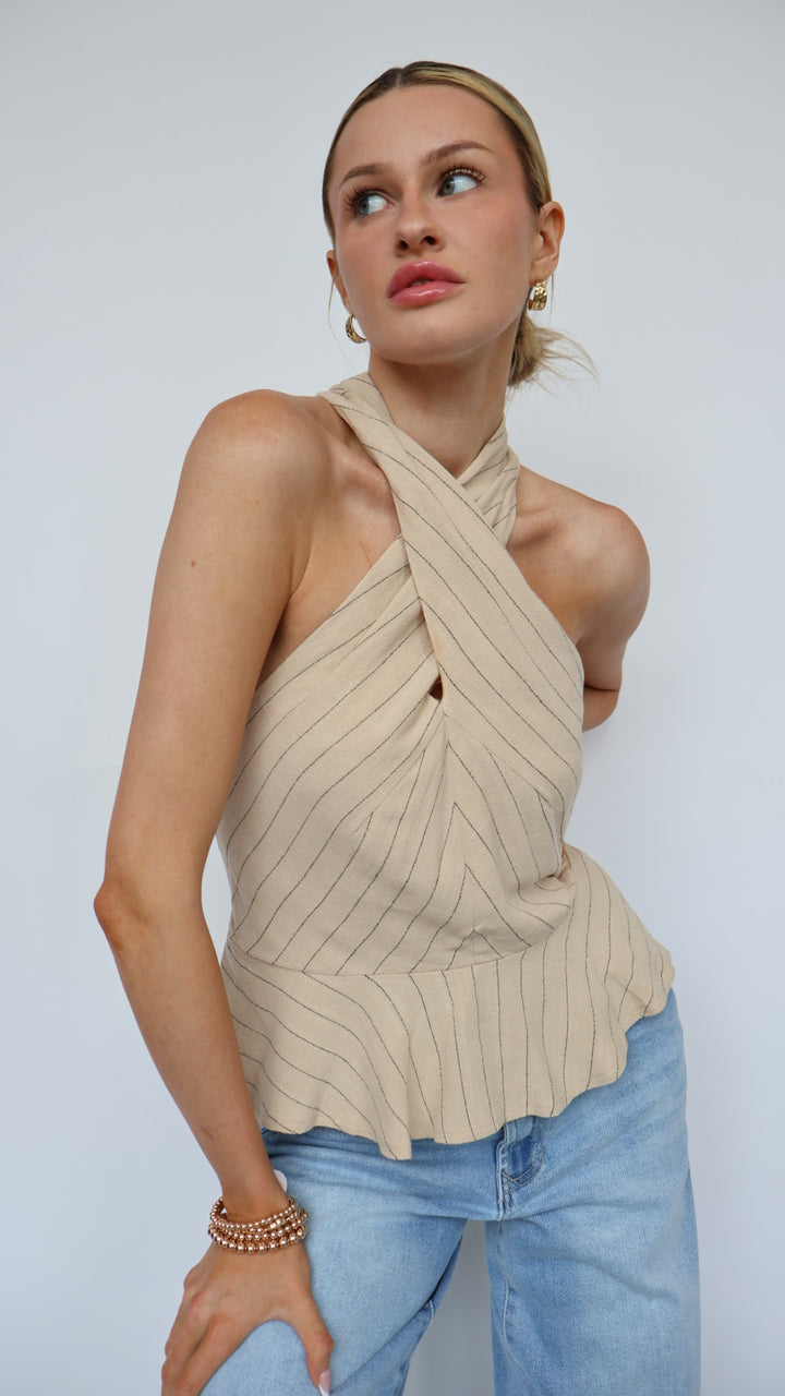 Pin Stripe Peplum Halter Top