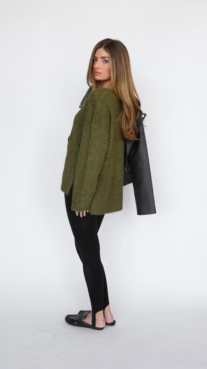V Neck Side Slit Boyfriend Sweater