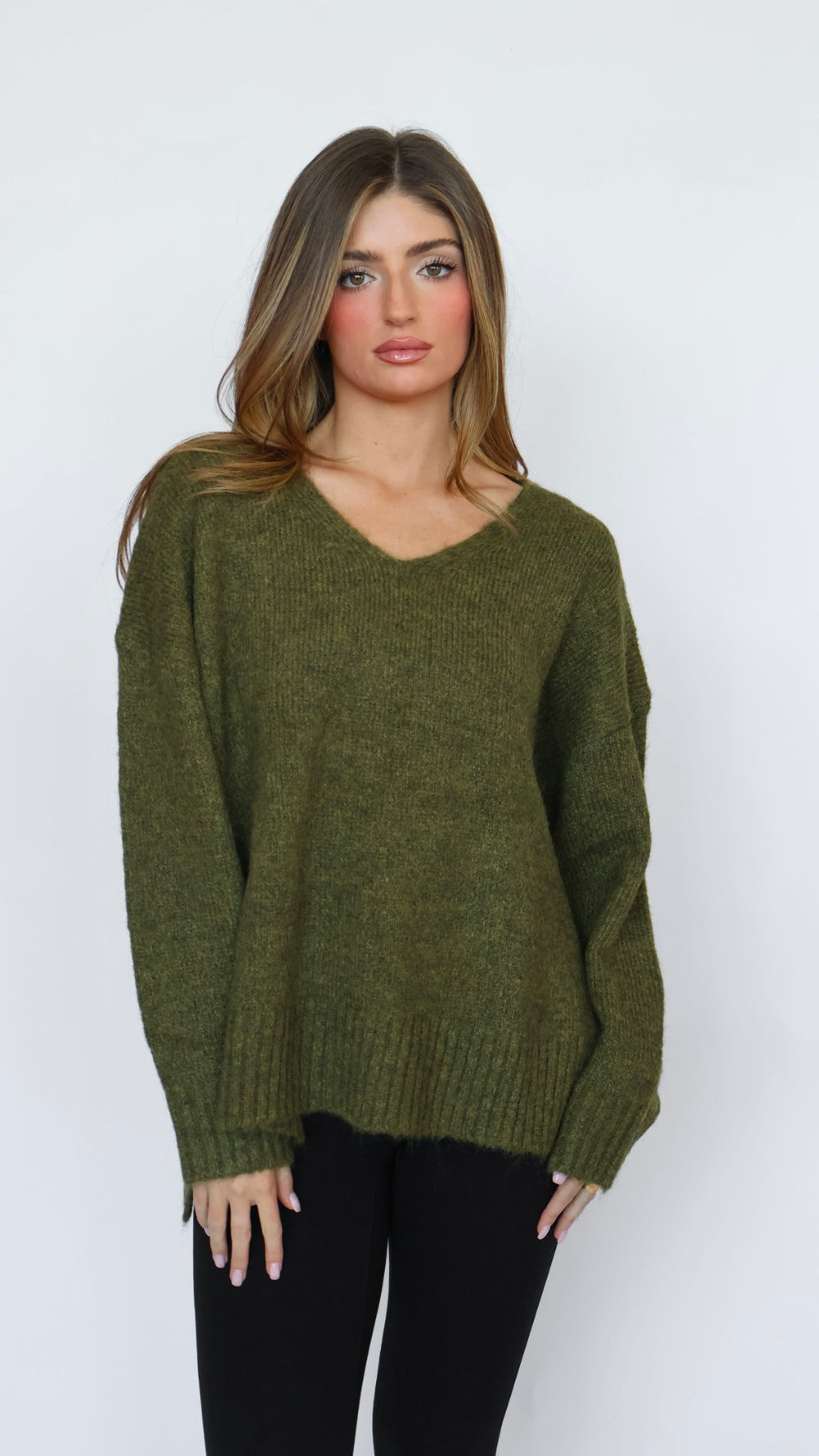 V Neck Side Slit Boyfriend Sweater