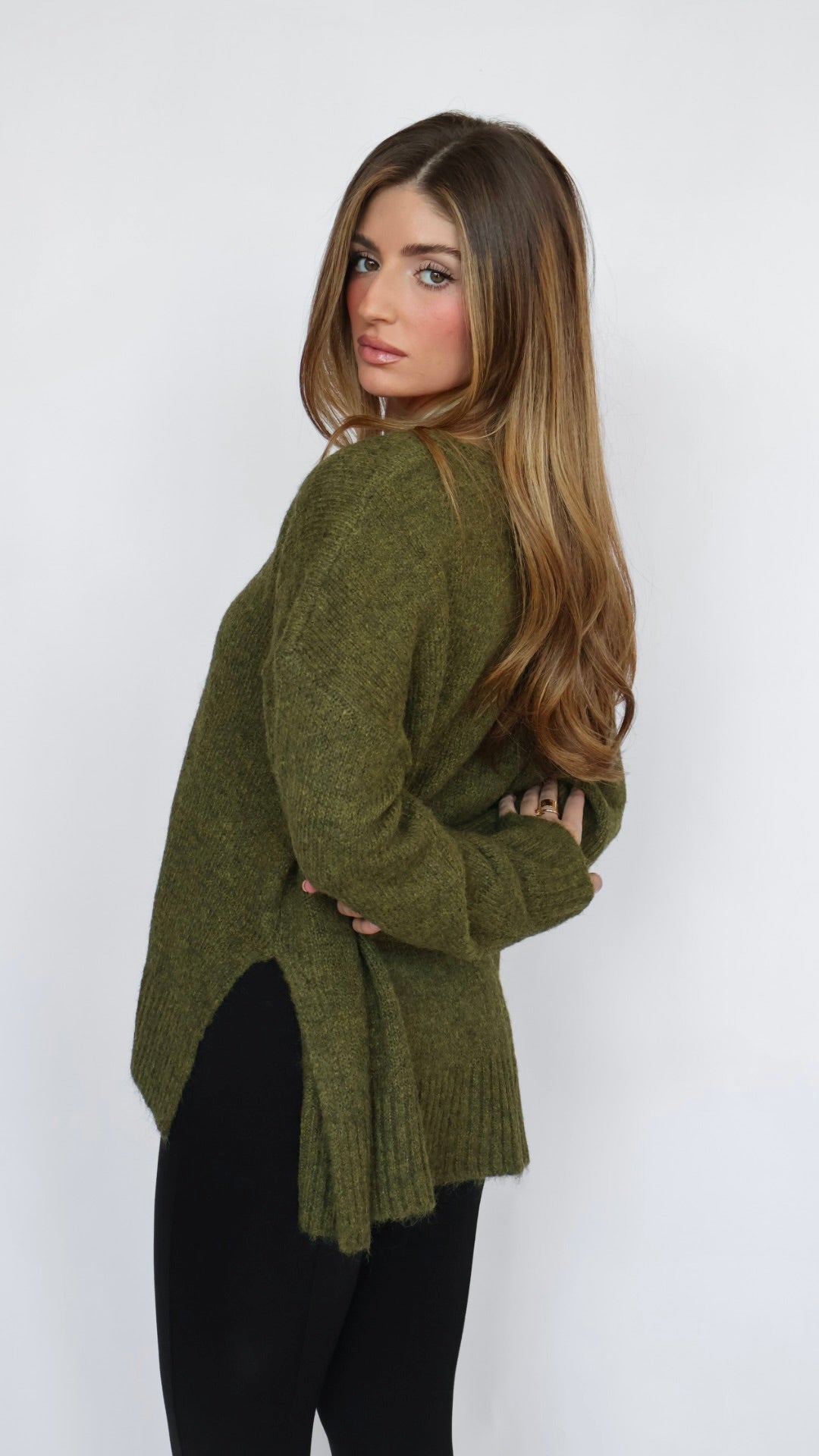 V Neck Side Slit Boyfriend Sweater