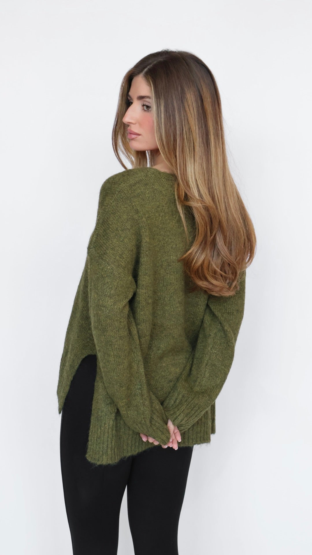 V Neck Side Slit Boyfriend Sweater