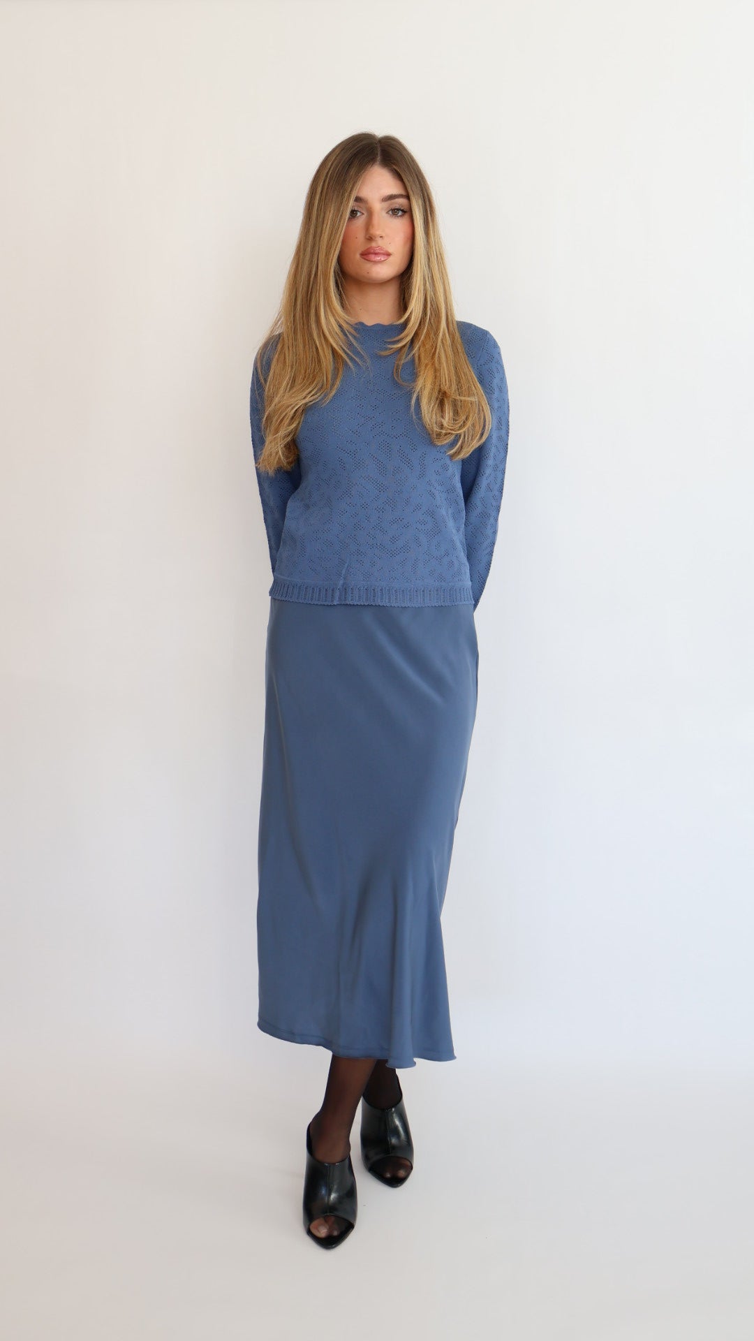 Blue Satin Midi Skirt