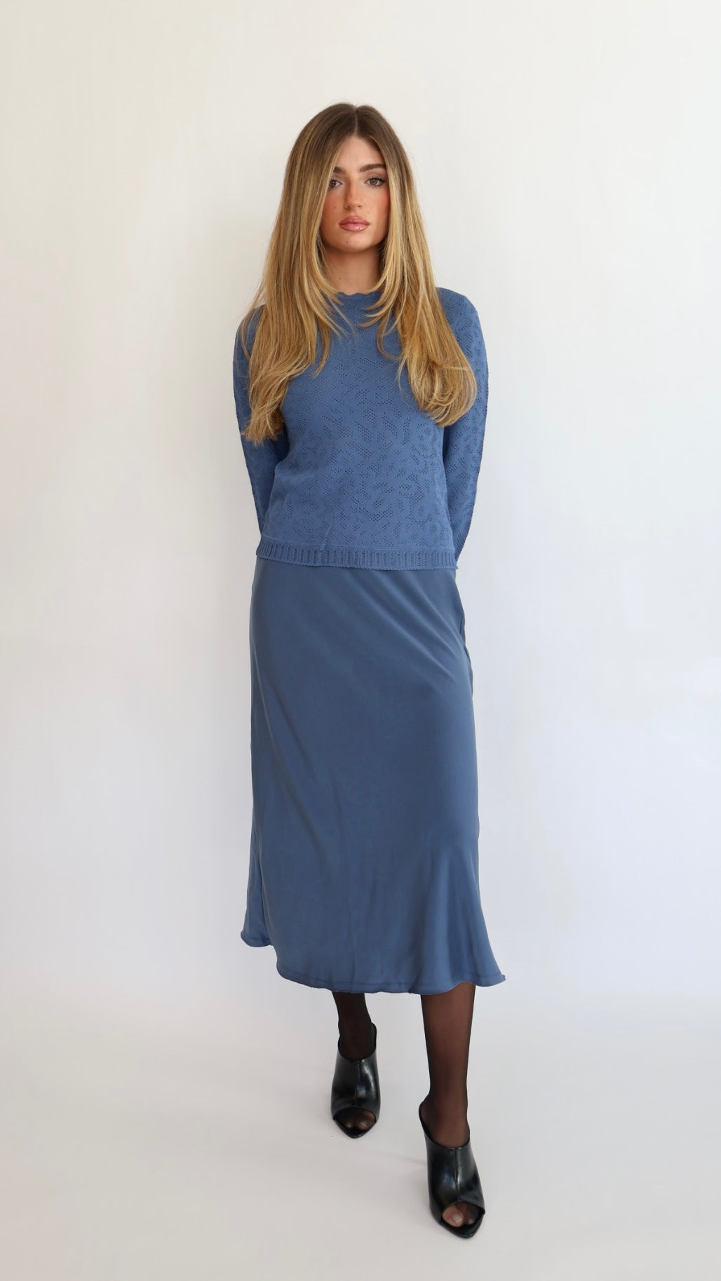 Blue Satin Midi Skirt