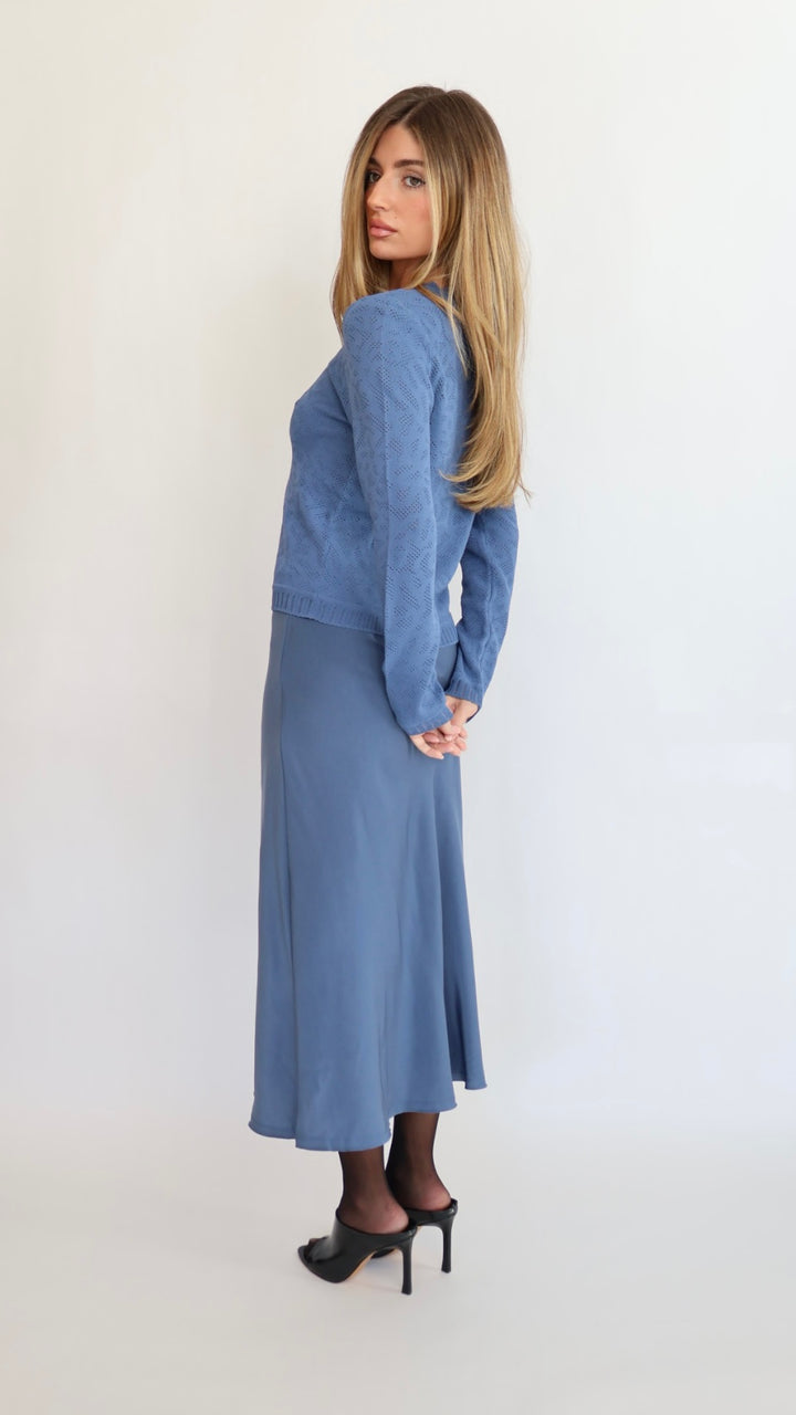 Blue Satin Midi Skirt