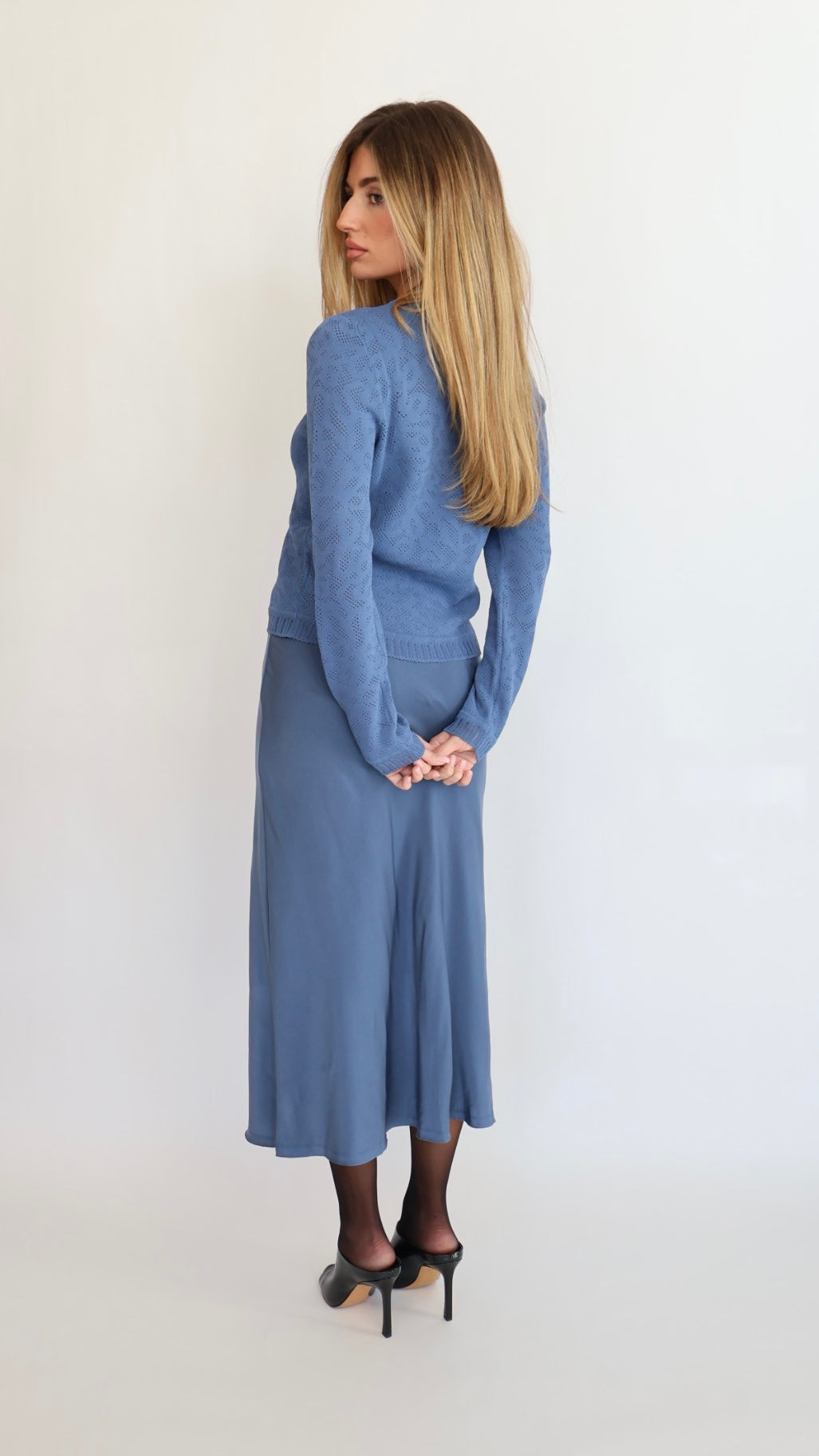 Blue Satin Midi Skirt