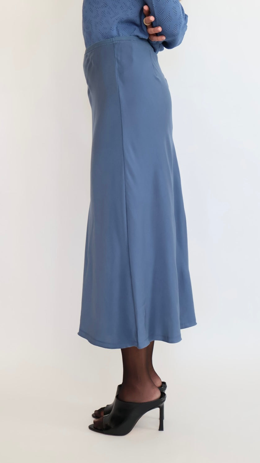 Blue Satin Midi Skirt