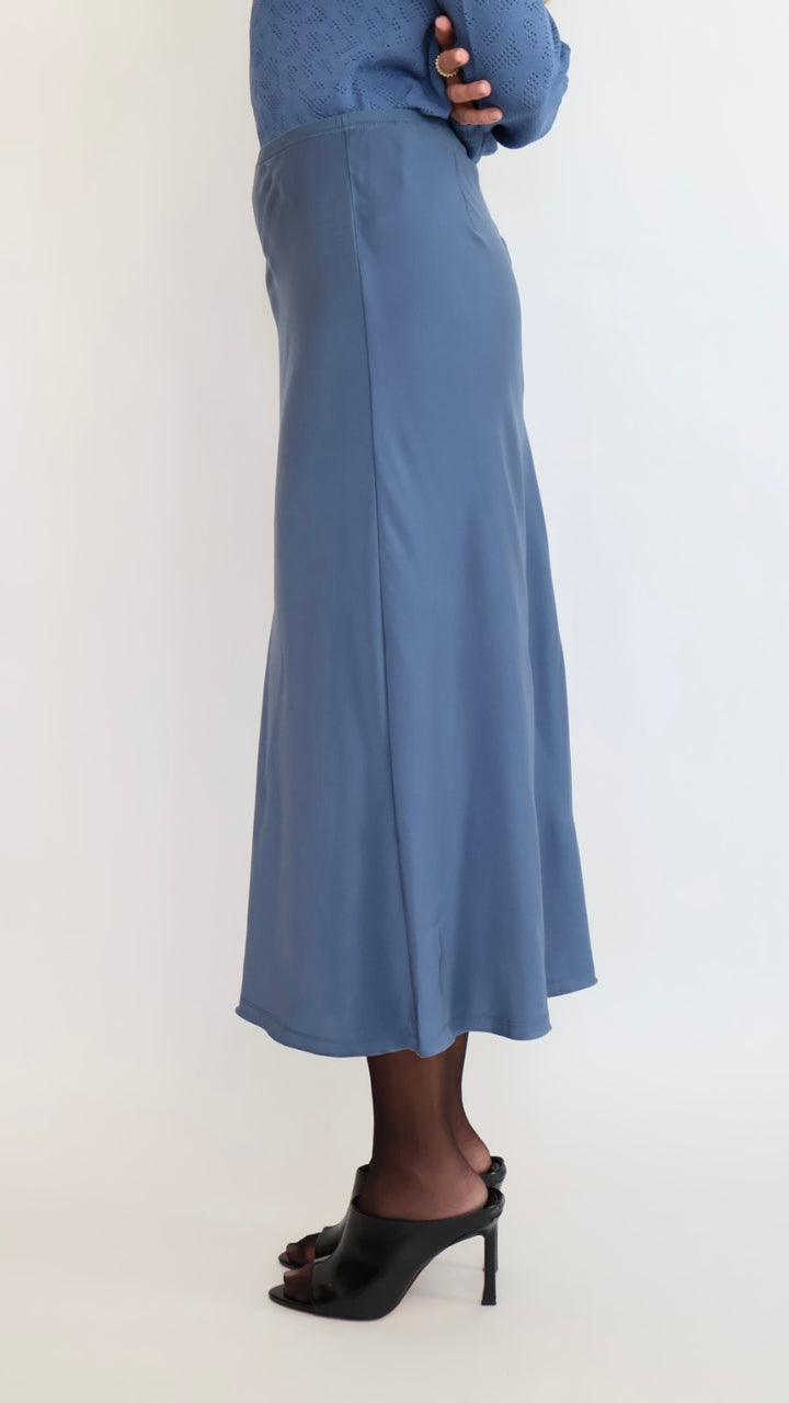 Blue Satin Midi Skirt