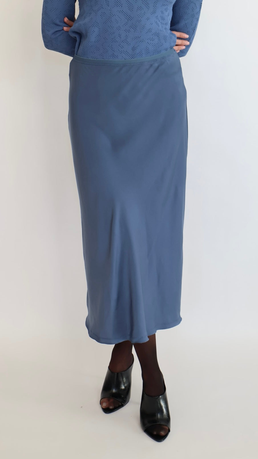 Blue Satin Midi Skirt