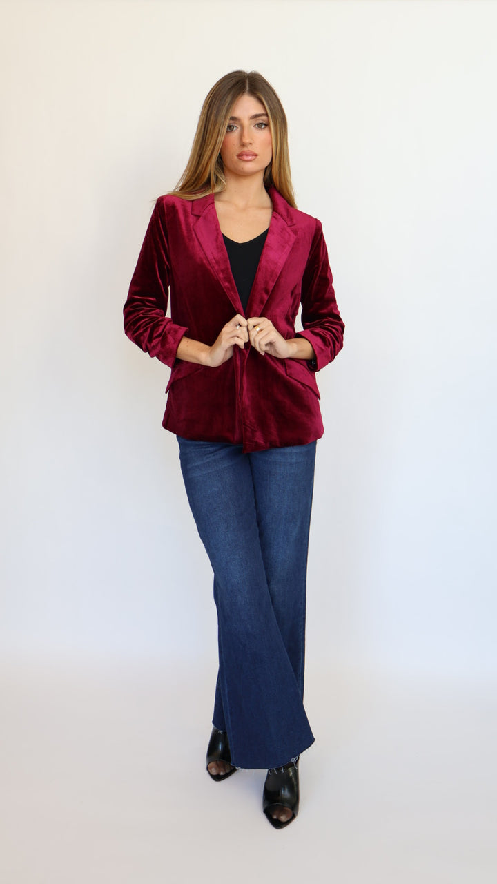 Ruched Sleeve Velvet Blazer