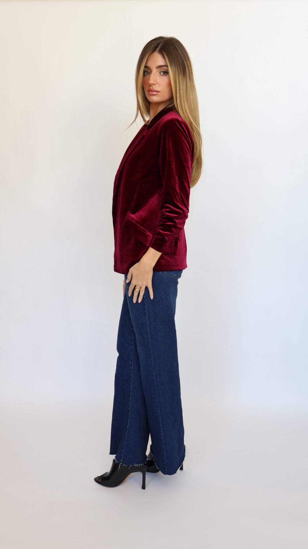 Ruched Sleeve Velvet Blazer
