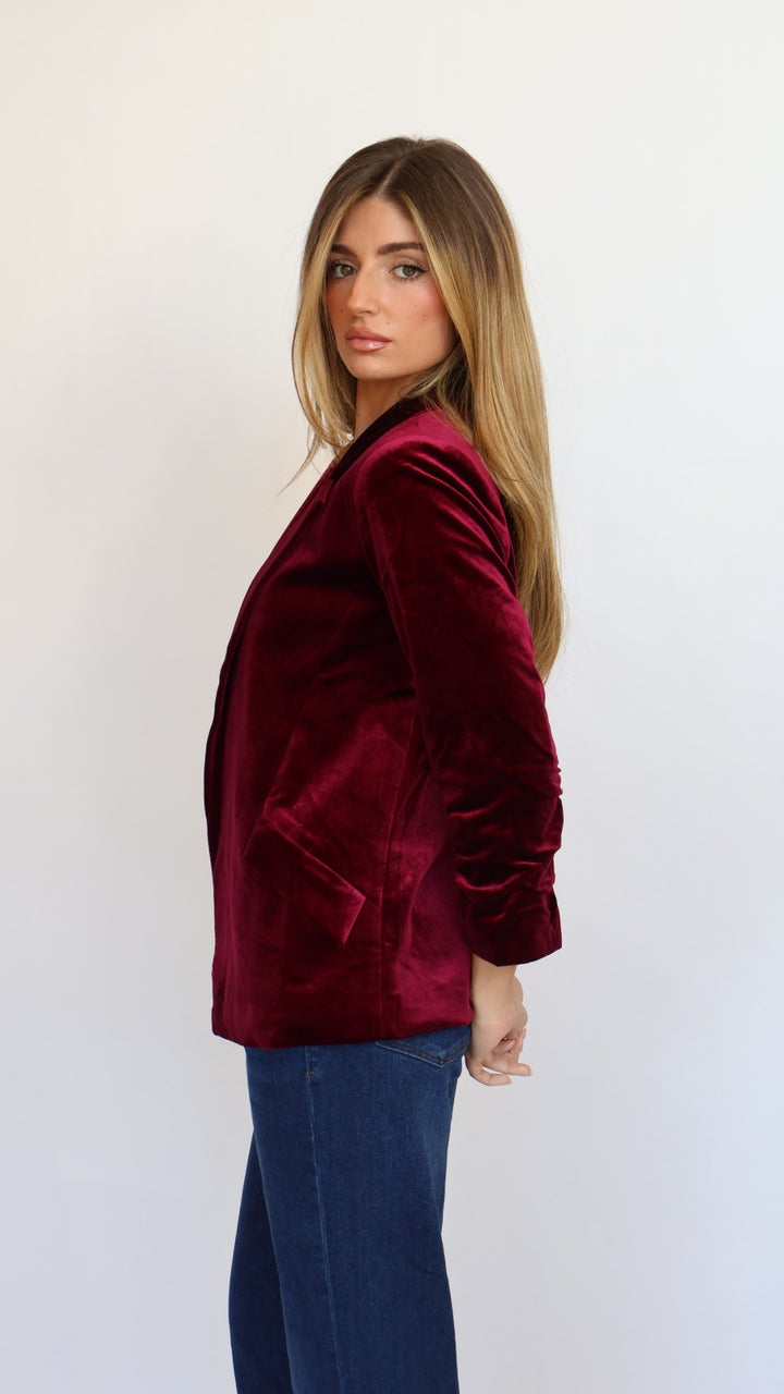 Ruched Sleeve Velvet Blazer