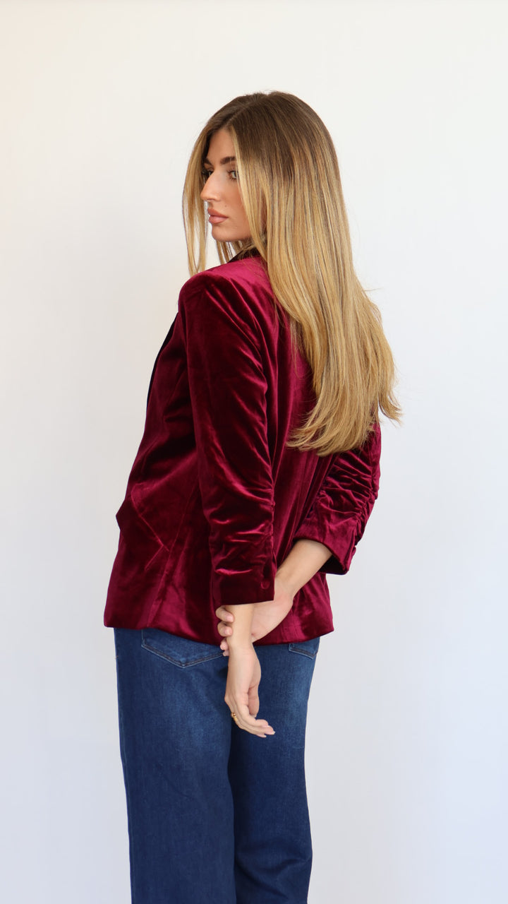 Ruched Sleeve Velvet Blazer