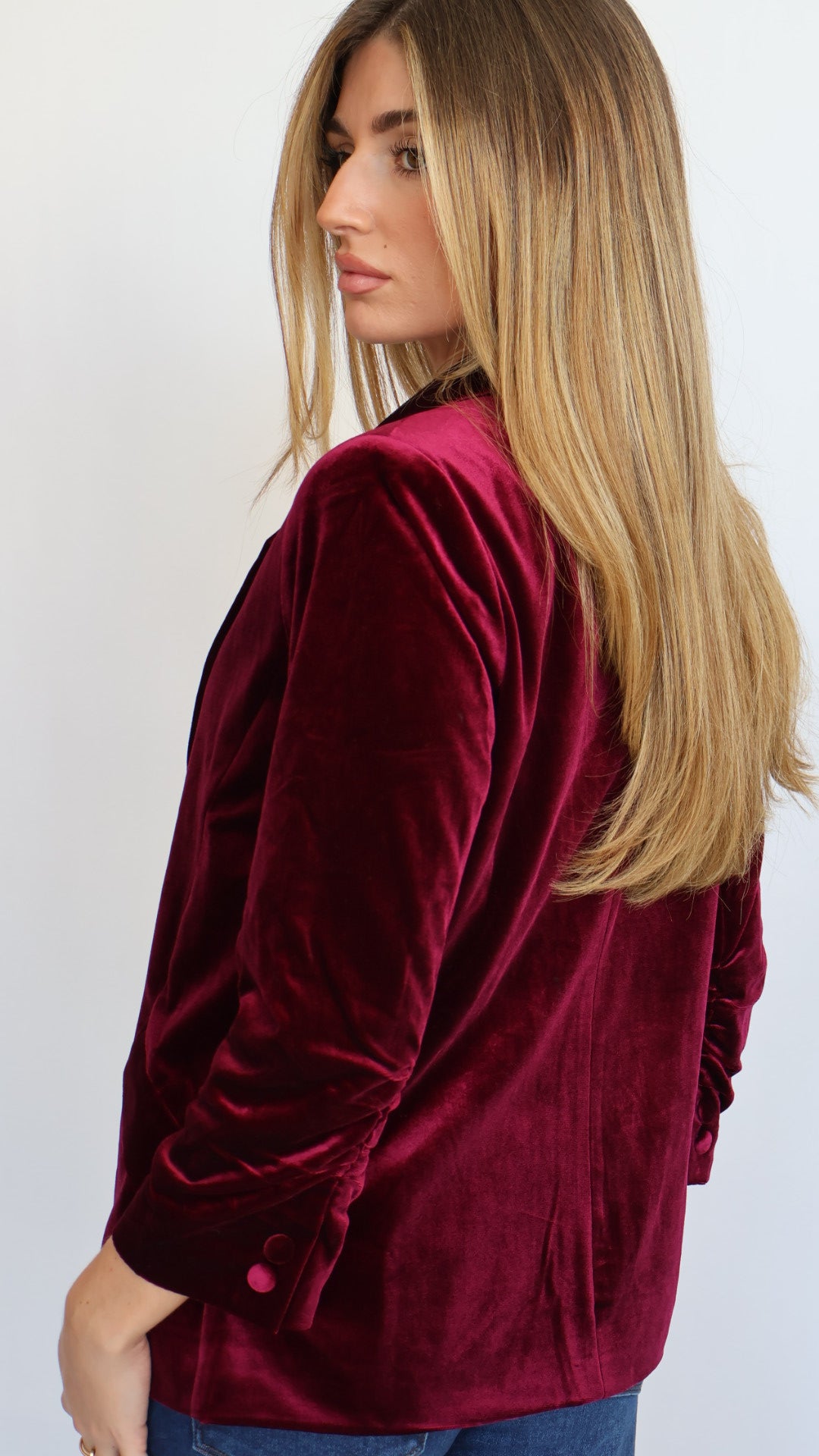 Ruched Sleeve Velvet Blazer