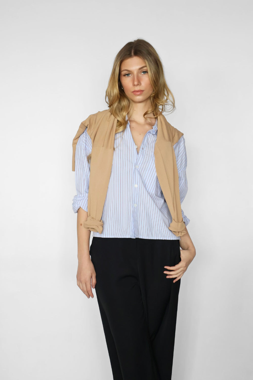 Preorder Cropped Adrianna Button Down - Skyway Cafe Stripe