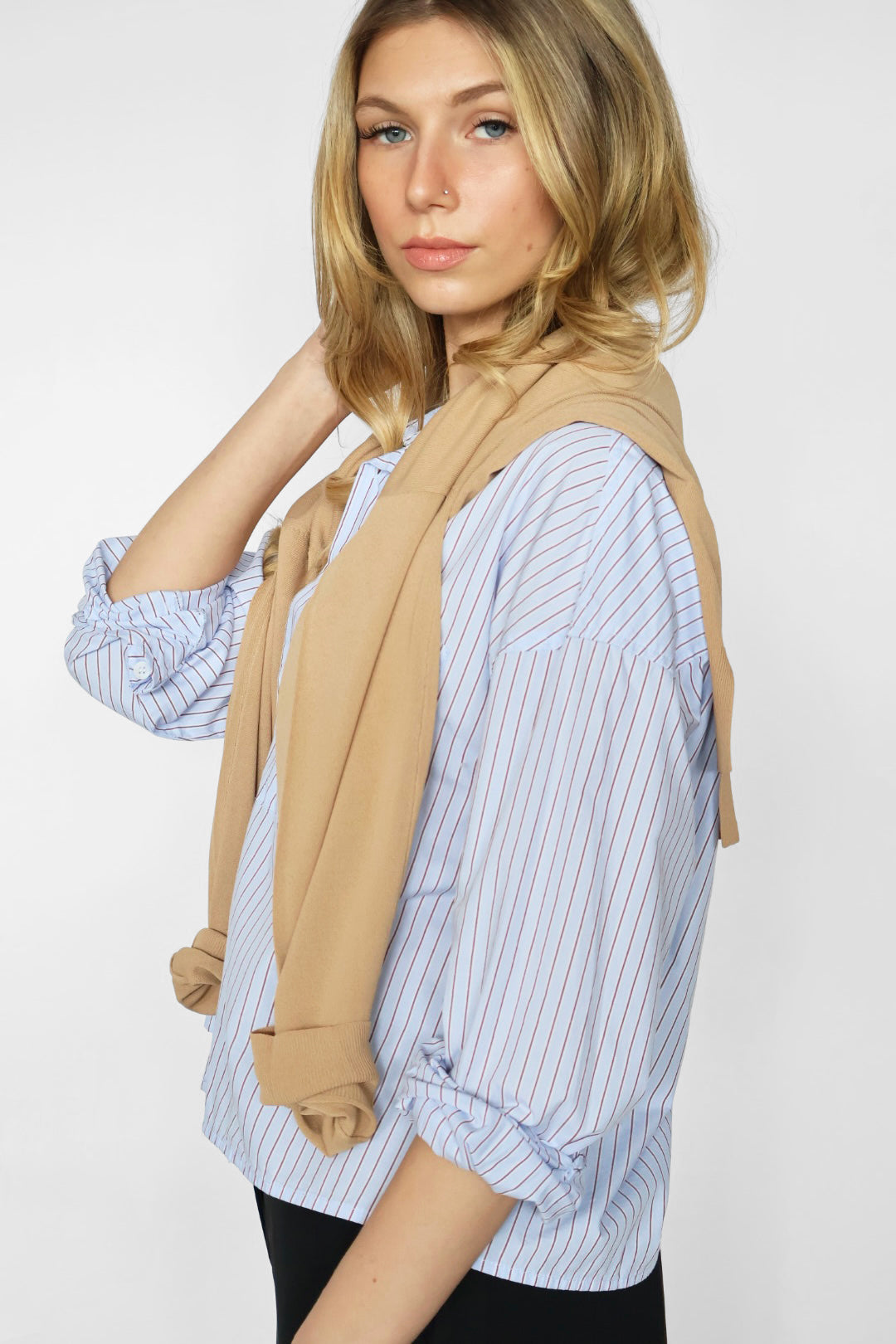 Cropped Adrianna Button Down - Skyway Cafe Stripe