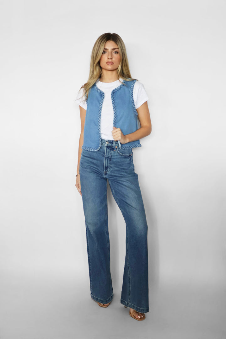 Open Denim Vest With Braided Detail