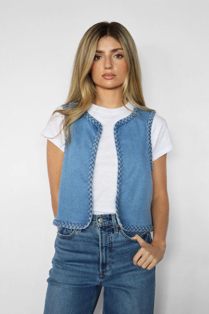 Open Denim Vest With Braided Detail