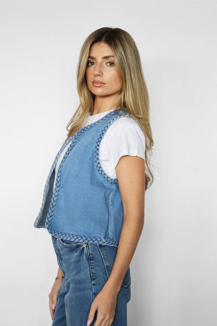 Open Denim Vest With Braided Detail