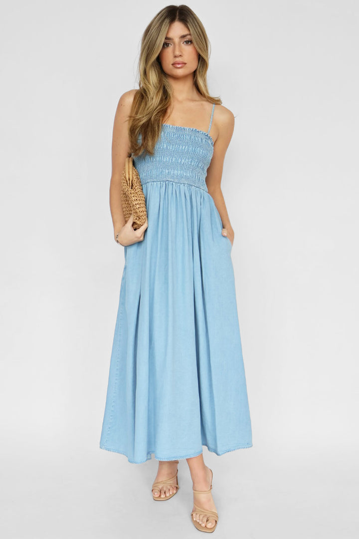 Pre Order Chambray Smocked Top Midi Dress