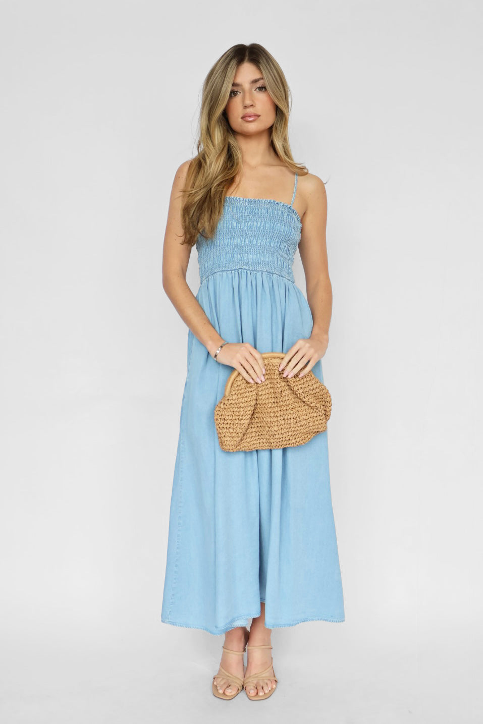 Pre Order Chambray Smocked Top Midi Dress