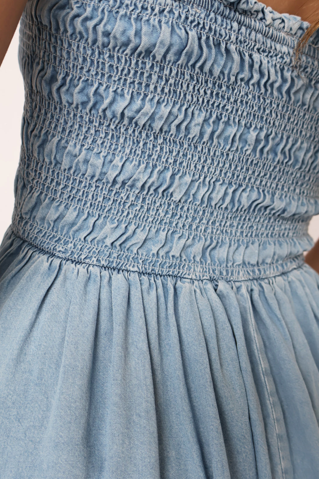 Pre Order Chambray Smocked Top Midi Dress