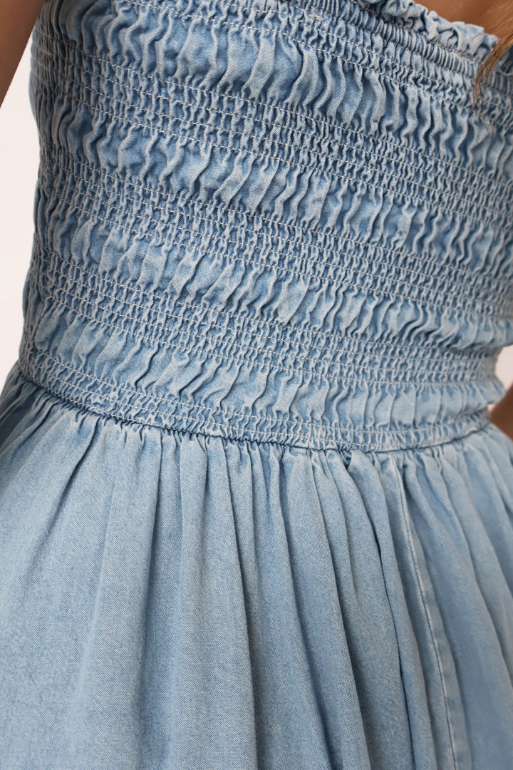 Pre Order Chambray Smocked Top Midi Dress