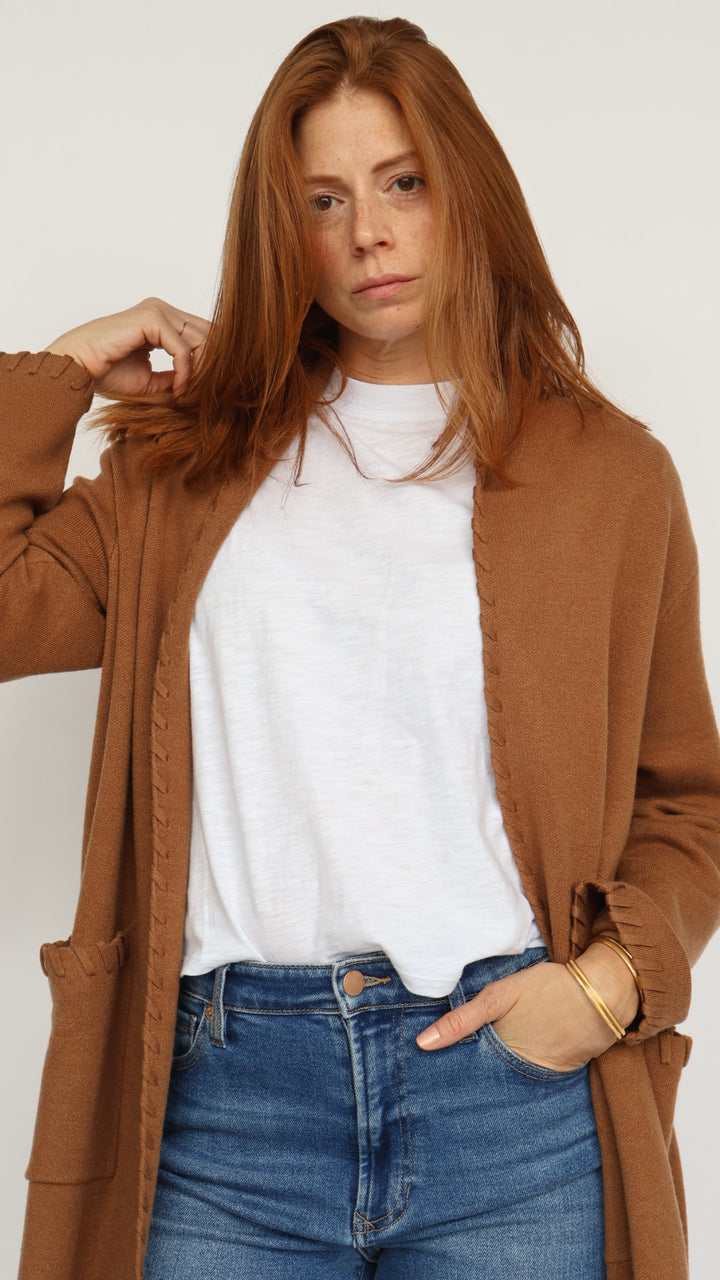 Whipstitch Detail Open Front Cardigan