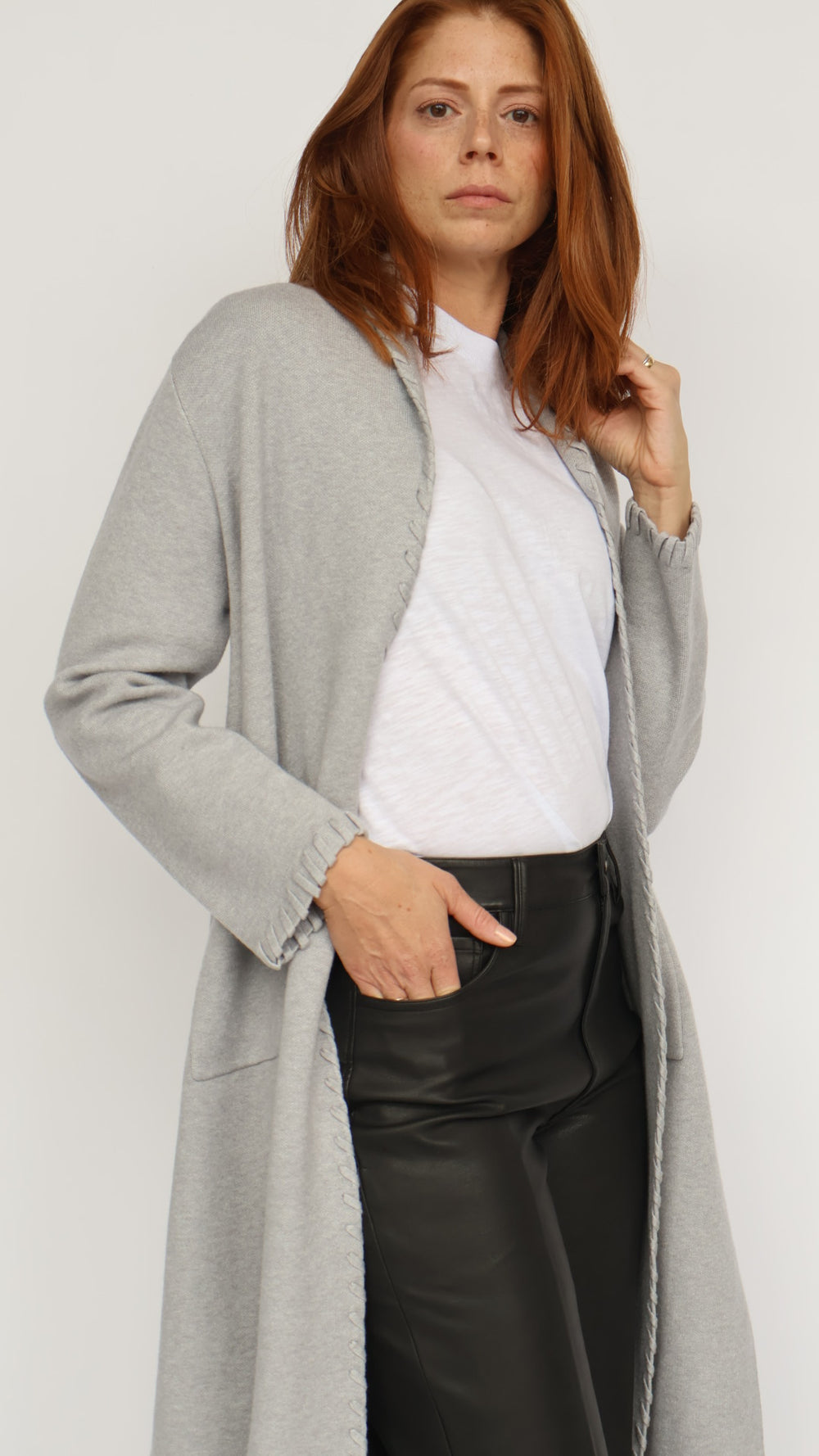 Whipstitch Detail Open Front Cardigan