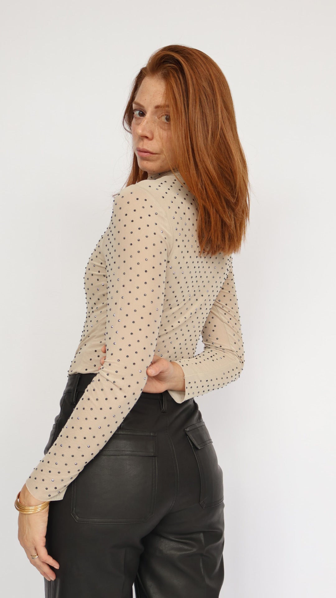 Studded Sheer Mock Neck Top