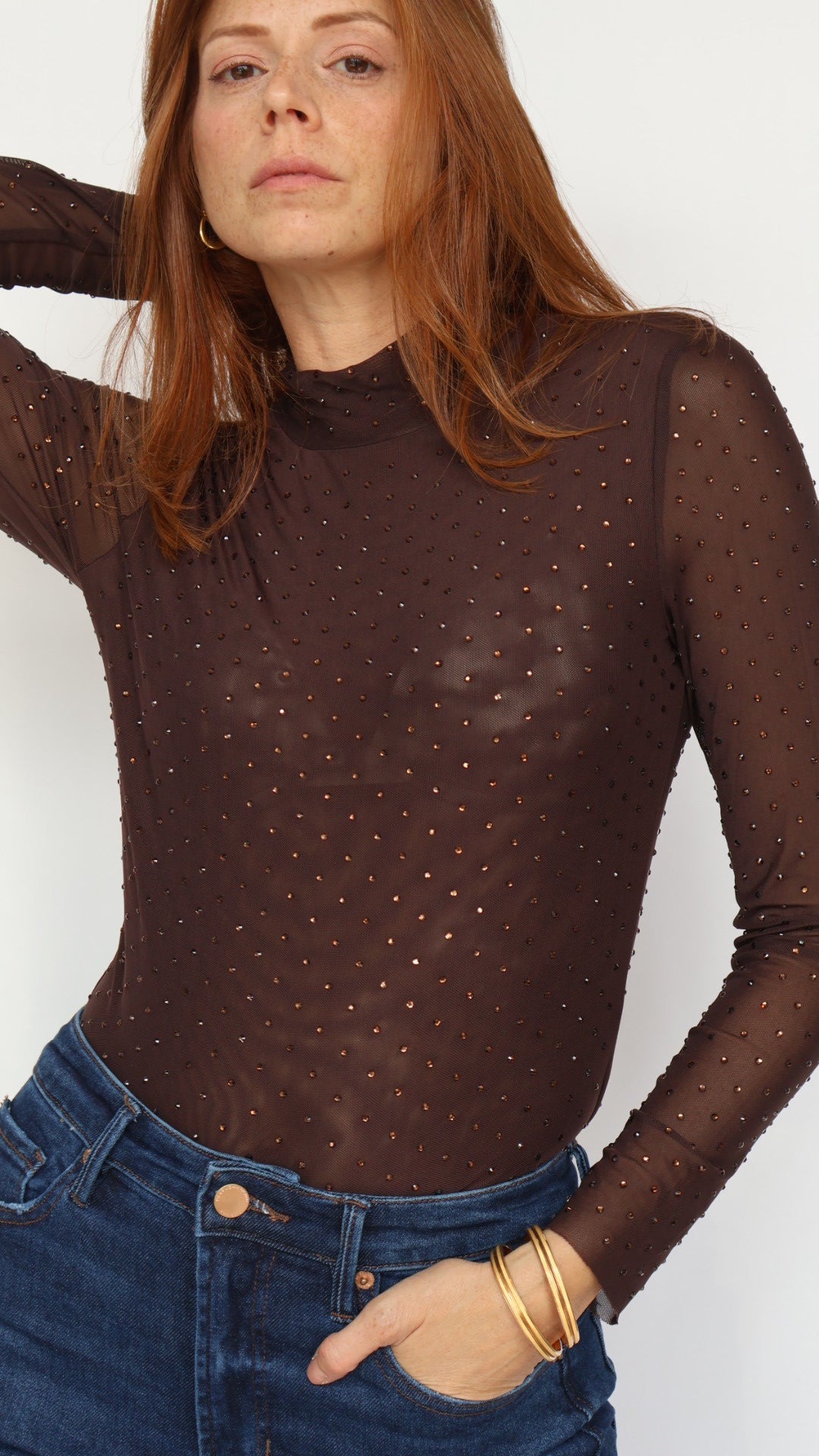 Studded Sheer Mock Neck Top