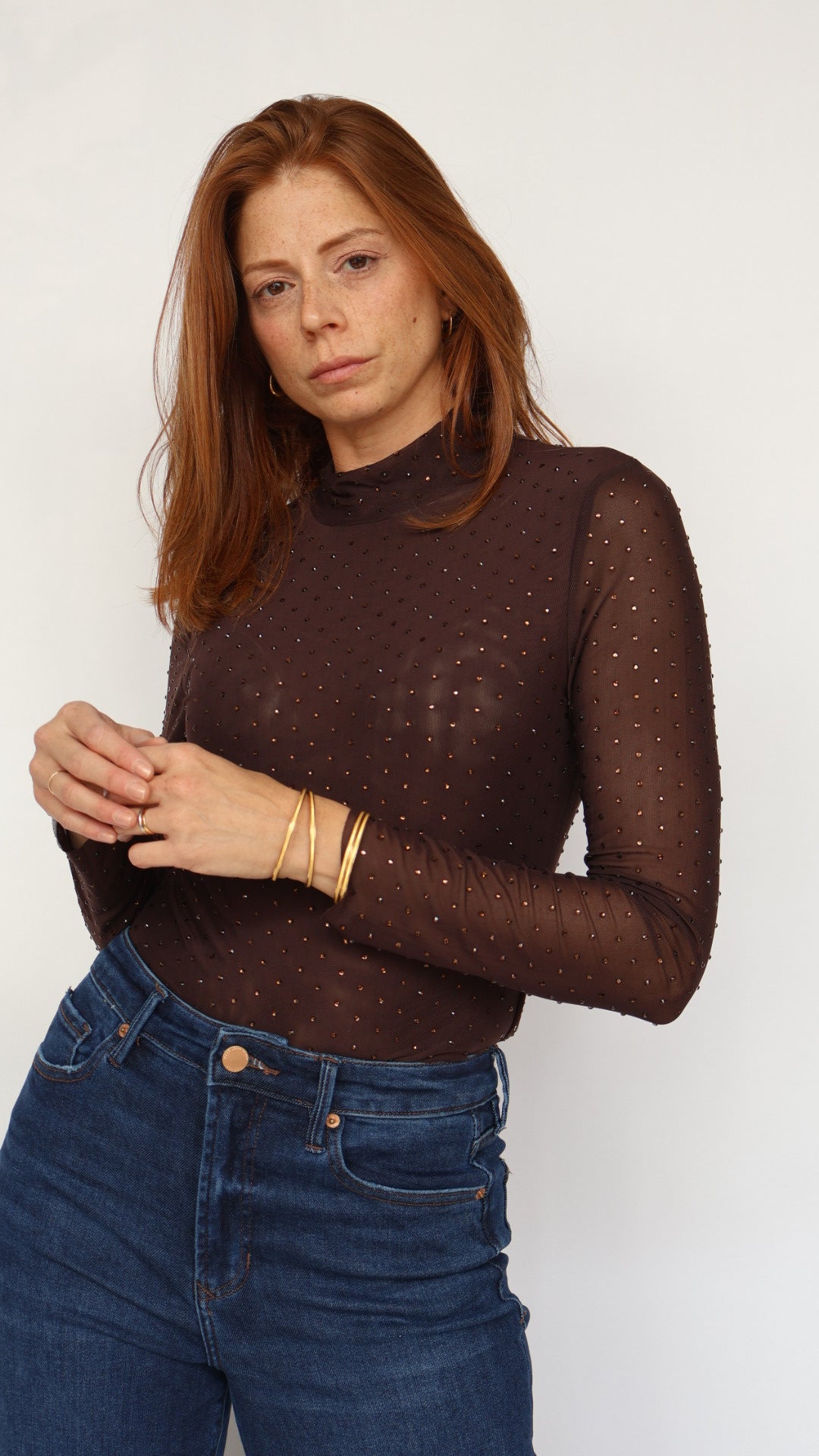 Studded Sheer Mock Neck Top