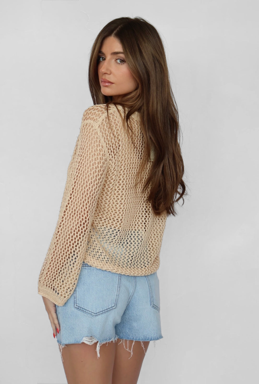 Ruched Side Long Sleeve Open Crochet Top